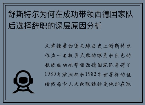 舒斯特尔为何在成功带领西德国家队后选择辞职的深层原因分析