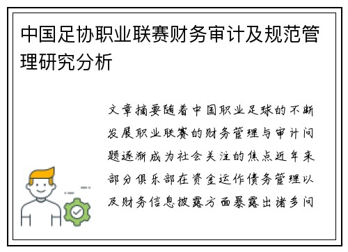 中国足协职业联赛财务审计及规范管理研究分析 中国足协职业联赛财务审计及规范管理研究分析
