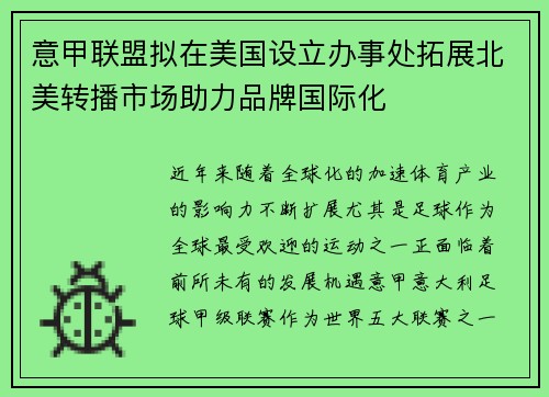 意甲联盟拟在美国设立办事处拓展北美转播市场助力品牌国际化 意甲联盟拟在美国设立办事处拓展北美转播市场助力品牌国际化