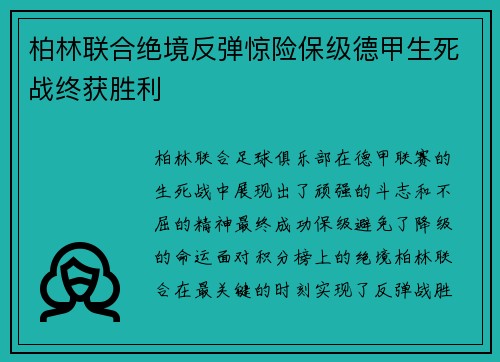 柏林联合绝境反弹惊险保级德甲生死战终获胜利 柏林联合绝境反弹惊险保级德甲生死战终获胜利