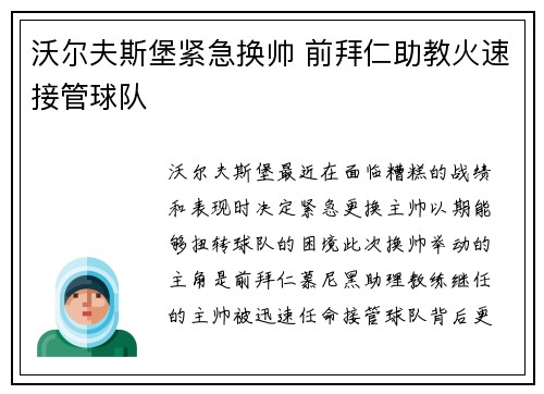 沃尔夫斯堡紧急换帅 前拜仁助教火速接管球队 沃尔夫斯堡紧急换帅 前拜仁助教火速接管球队